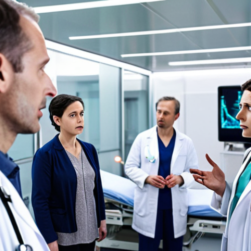 Home 24 **
A modern Swiss hospital interior. In the foreground, a doctor in a white coat is speaking passionately to a group of concerned patients and their families. Behind them, a blurred vision of futuristic medical technology. The overall tone is hopeful but with a hint of uncertainty, reflecting the debate over funding new treatments. The style is realistic, like a photograph taken for a news article.
**