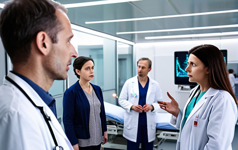 **

A modern Swiss hospital interior. In the foreground, a doctor in a white coat is speaking passionately to a group of concerned patients and their families. Behind them, a blurred vision of futuristic medical technology. The overall tone is hopeful but with a hint of uncertainty, reflecting the debate over funding new treatments. The style is realistic, like a photograph taken for a news article.

**
