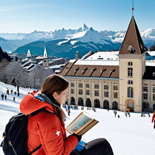 Home 23 ** A vibrant collage showcasing Swiss university life: ETH Zurich's modern architecture juxtaposed with students skiing in the Alps, international students chatting in Geneva, and a close-up of a textbook in German. The overall feeling is of academic excellence and Swiss adventure.
**