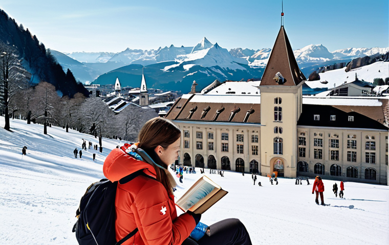 ** A vibrant collage showcasing Swiss university life: ETH Zurich's modern architecture juxtaposed with students skiing in the Alps, international students chatting in Geneva, and a close-up of a textbook in German. The overall feeling is of academic excellence and Swiss adventure.

**