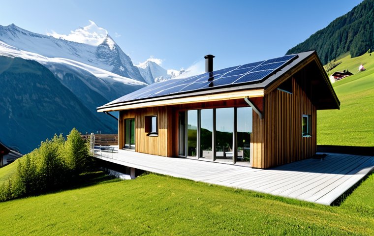 Modern Sustainable Home in Switzerland**

A modern, eco-friendly home in the Swiss Alps, showcasing sustainable design elements such as solar panels and green roof. The house is fully clothed, and set against a backdrop of snow-capped mountains.  appropriate attire, professional photography, safe for work, perfect anatomy, natural proportions, modest, family-friendly.

**