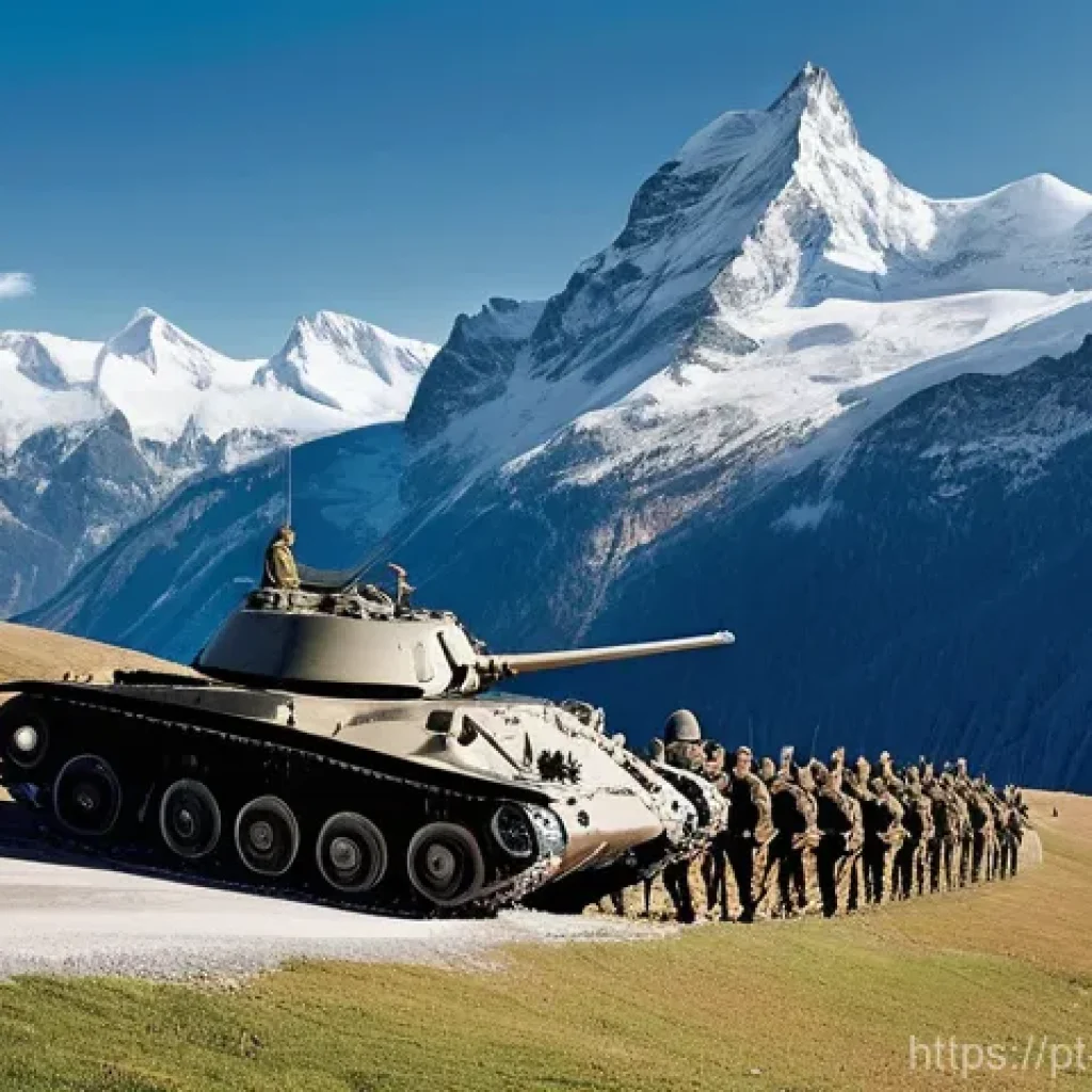 제2차 세계대전과 스위스의 역할 - **"The Alpine Fortress: General Guisan and Swiss Mobilization"**
    A panoramic, heroic-style image...