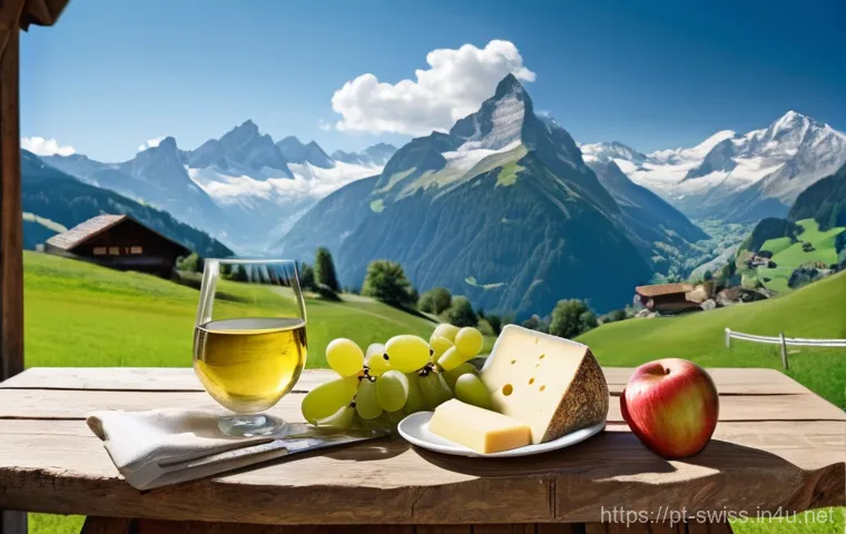 스위스 치즈 종류 및 생산지 - **A picturesque panoramic view of the Swiss Alps, with lush green meadows where healthy, happy cows ...