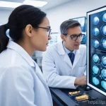 스위스의 노벨상 수상자들 - **Prompt:** "A diverse group of scientists in clean, professional lab coats are intensely focused on...