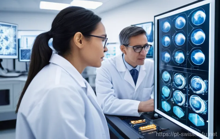 스위스의 노벨상 수상자들 - **Prompt:** "A diverse group of scientists in clean, professional lab coats are intensely focused on...