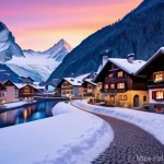 스위스 겨울 여행 필수 아이템 - **"A picturesque Swiss alpine village at dawn in winter, blanketed in fresh, sparkling snow. Traditi...