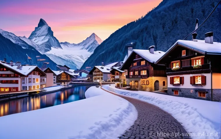 스위스 겨울 여행 필수 아이템 - **"A picturesque Swiss alpine village at dawn in winter, blanketed in fresh, sparkling snow. Traditi...