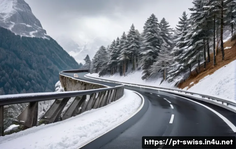 스위스 운전 시 주의할 점 - A detailed scene of a Swiss alpine mountain road during winter, showing a narrow, winding road with ...