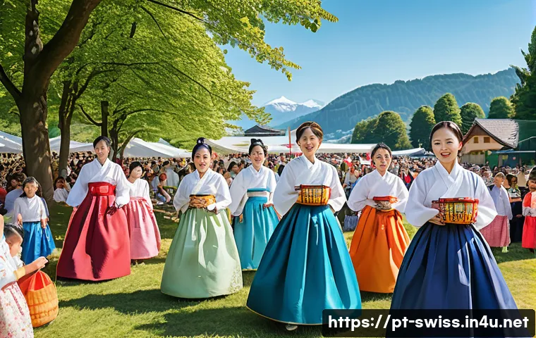 스위스에서 한인 커뮤니티 활동 - A vibrant multicultural festival scene in Switzerland showcasing Korean cultural traditions: familie...