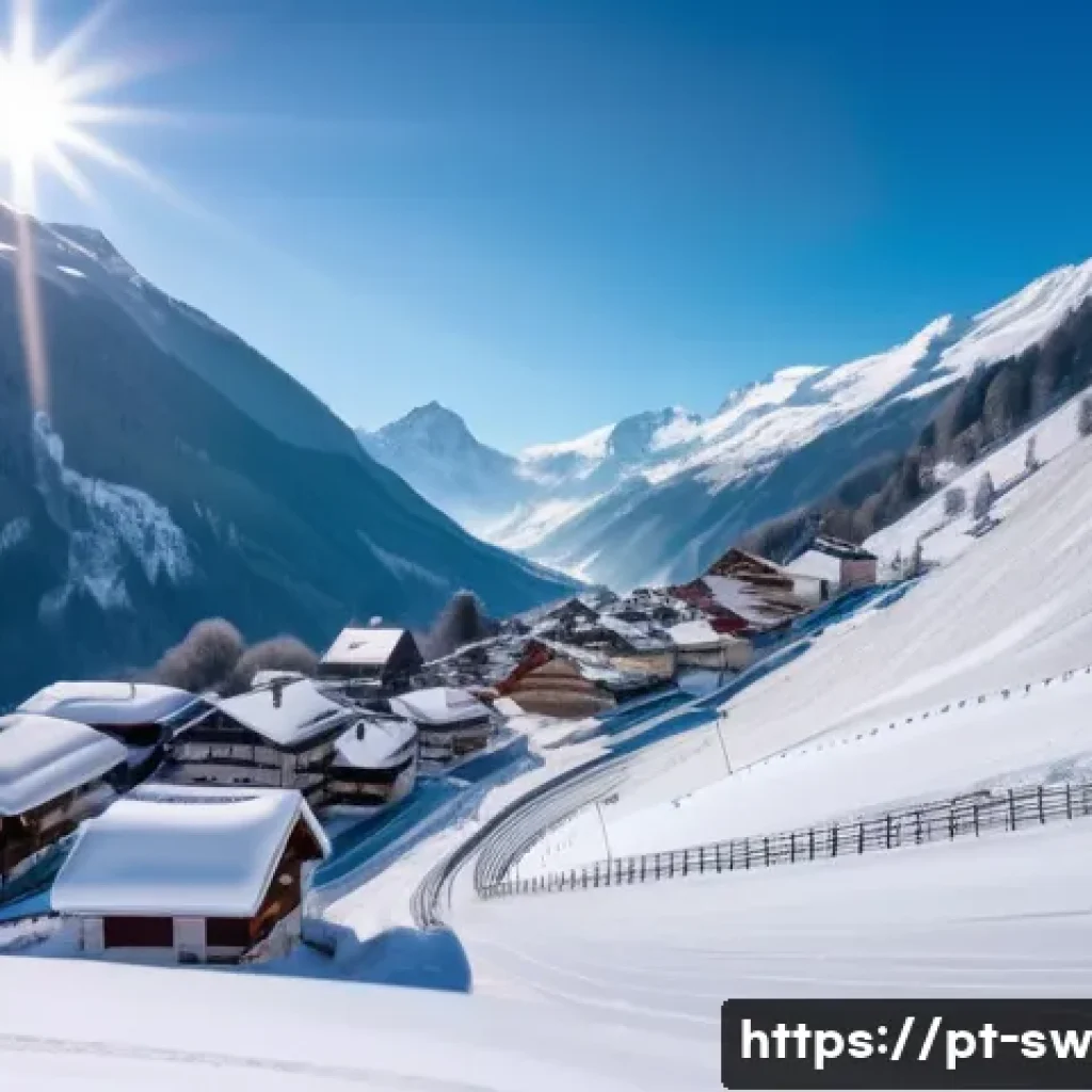 스위스에서 자연재해 발생 시 대처법 - A detailed winter alpine mountain scene in Switzerland showing a small village nestled in a snow-cov...