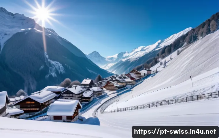 스위스에서 자연재해 발생 시 대처법 - A detailed winter alpine mountain scene in Switzerland showing a small village nestled in a snow-cov...