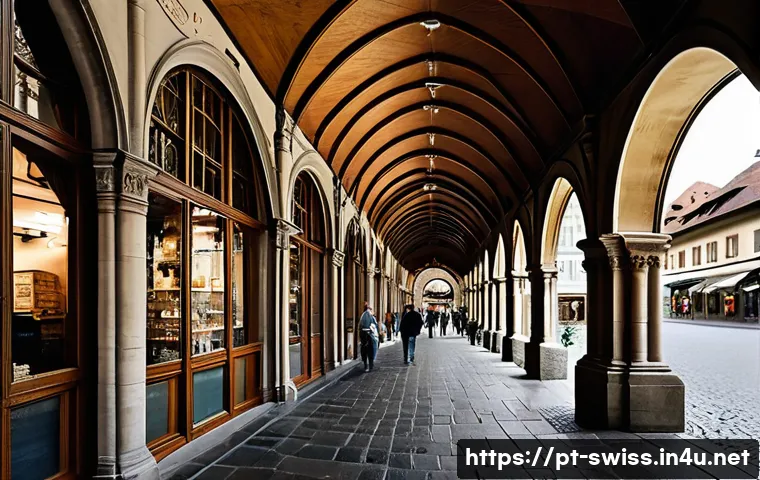베른 구시가지 유네스코 문화유산 - A detailed street scene of Bern’s medieval covered arcades stretching nearly six kilometers, featuri...
