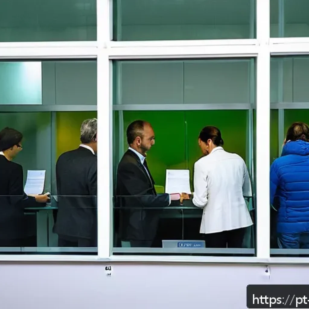 스위스 비자 신청 및 입국 절차 - A professional scene at a Swiss visa application center showing a diverse group of adult applicants ...