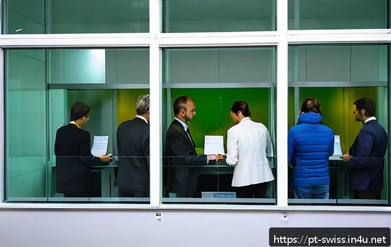 스위스 비자 신청 및 입국 절차 - A professional scene at a Swiss visa application center showing a diverse group of adult applicants ...