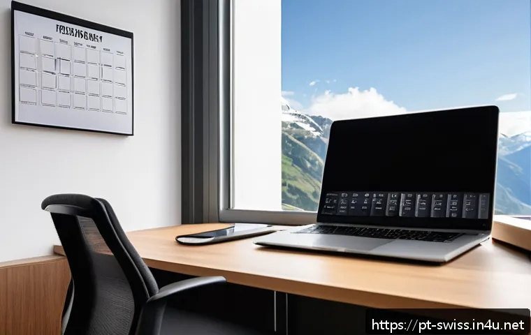 스위스인의 국민성 및 생활 방식 - A modern Swiss office environment showcasing meticulous organization and punctuality: a tidy workspa...
