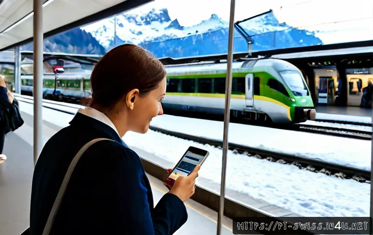 Home 17 스위스 여행 중 언어 장벽 해결법 - Photorealistic travel assistance scene in a Swiss railway station, Portuguese-speaking adult travele...